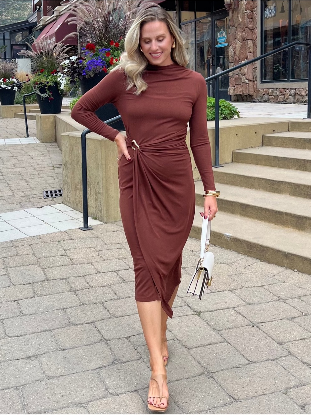 Zesica Bodycon Mock Neck Brown Long-Sleeve Twist-Waist Midi Wedding Guest Dress